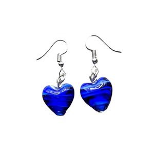 Hand blown dark blue heart hook earrings.